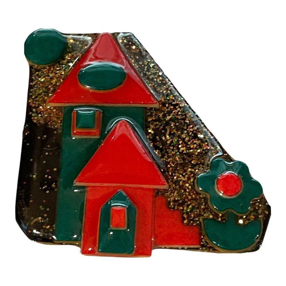 Vintage house pins by Lucinda Christmas pin Flower Red Green Glitter